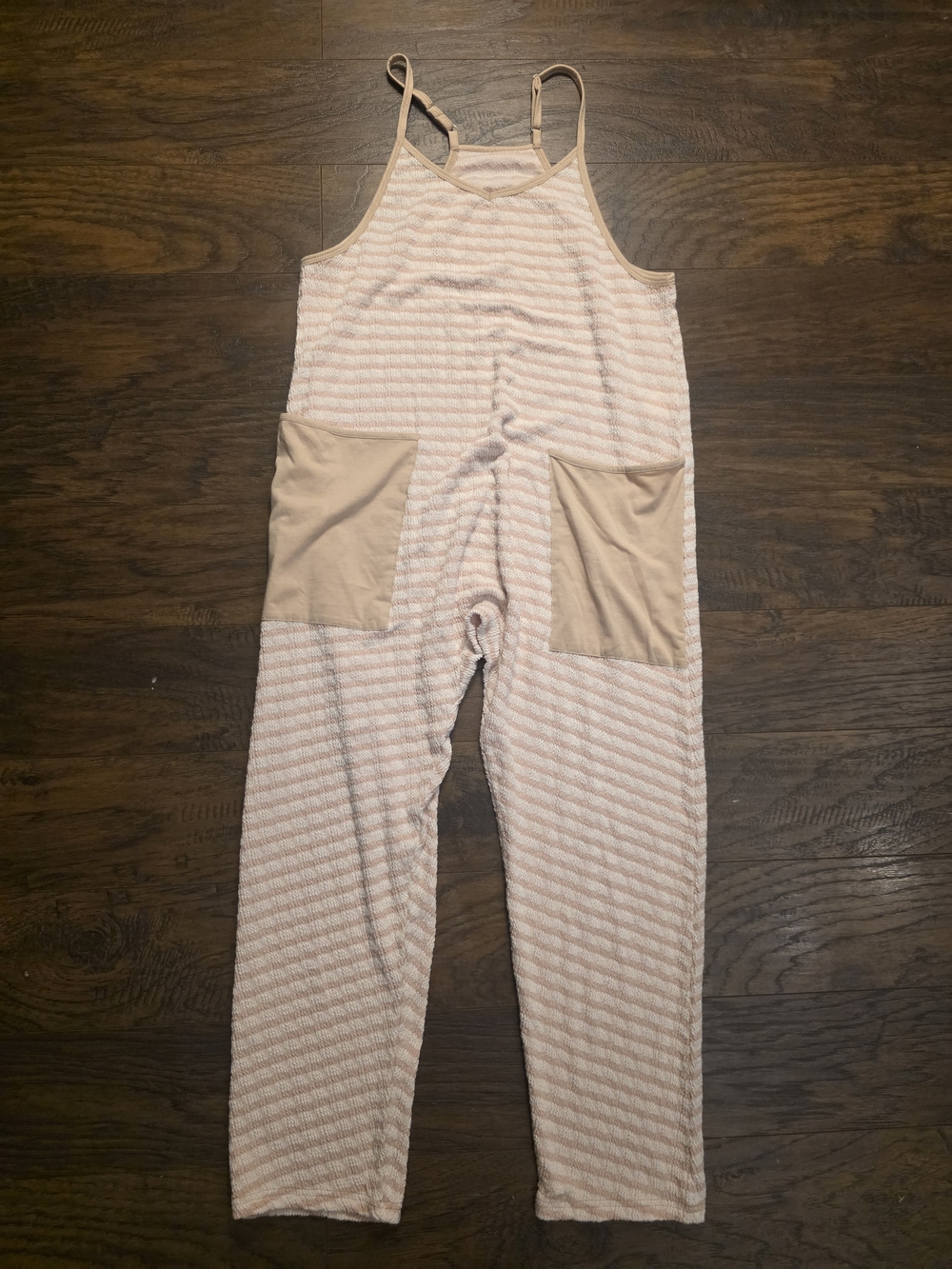 Cream Striped One-Piece Romper with Contrast Pockets